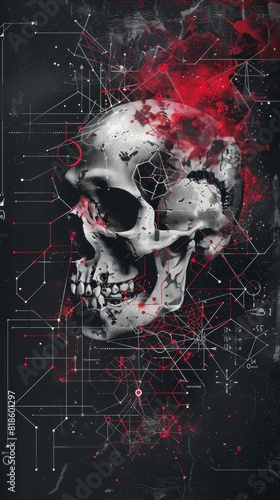 A dark and mysterious skull with a red splash. Perfect for a horror movie poster or a metal album cover. photo