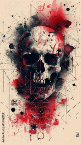 A dark skull with red accents emerges from a splatter of paint. photo