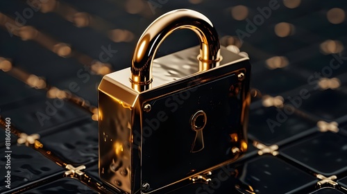 Data security and privacy are protected by a black and gold secure padlock, password security, and identification by safe technology photo