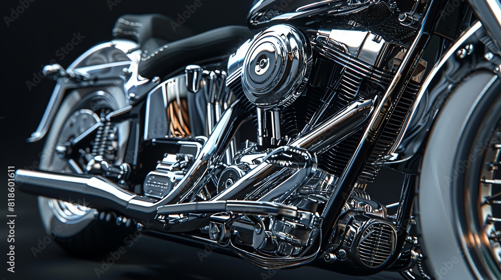 Hyperrealistic side view of a classic motorcycle, vivid reflections on chrome parts, intricate engine details, dramatic lighting with defined shadows, photorealistic technique Hyperrealistic side view of a classic motorcycle, vivid reflections on chrome parts, intricate engine details, dramatic lighting with defined shadows, photorealistic technique