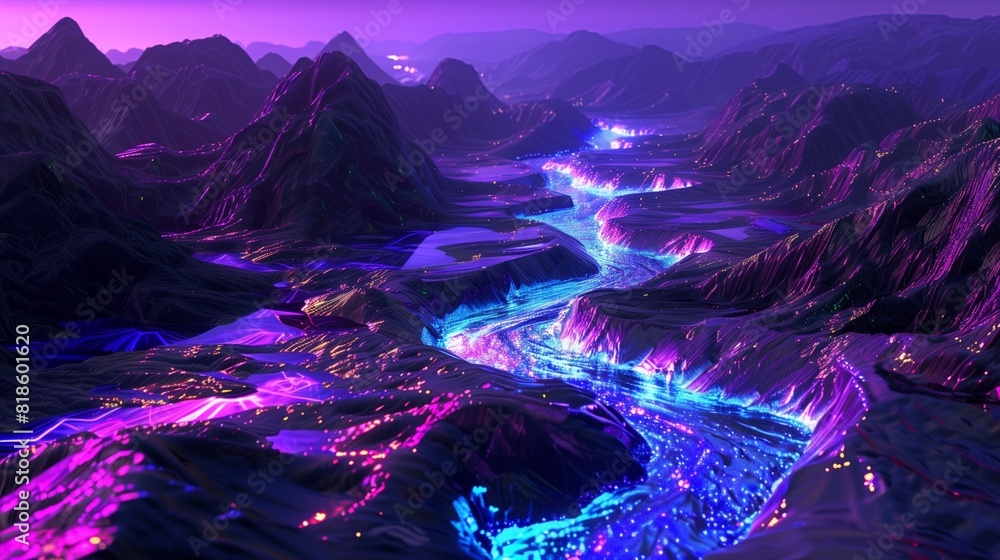 Surreal 3D landscape with iridescent rivers flowing through glowing, prismatic terrain,