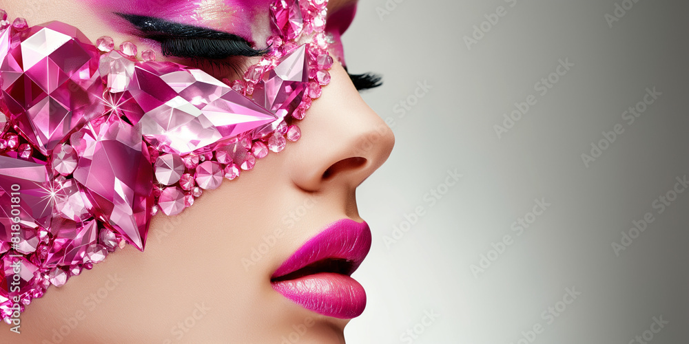 Φωτογραφία Gesicht einer schönen Frau mit edlen rosa Strass Steinen in Nahaufnahme für Kale