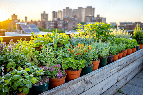 Urban rooftop garden with solar panels and container plants at sunset.