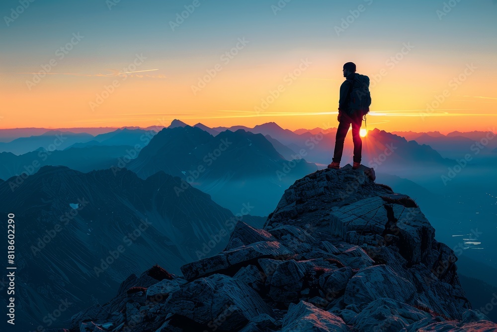 A climber stands triumphantly on a mountain peak, overlooking stunning mountain ranges at dawn, symbolizing adventure and achievement.