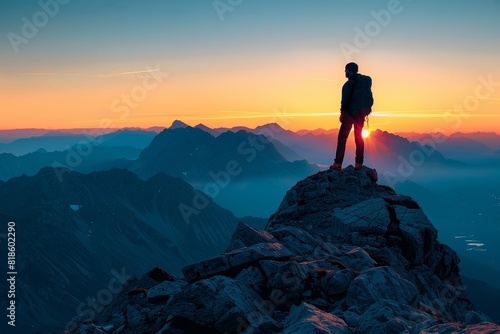 A climber stands triumphantly on a mountain peak, overlooking stunning mountain ranges at dawn, symbolizing adventure and achievement. © Trichaiwat