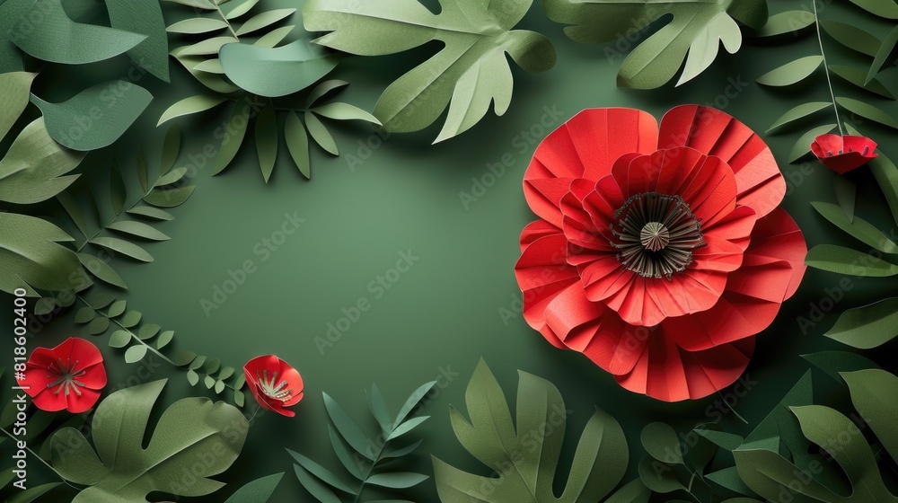 Banner with paper cut red poppy flower, symbol for remembrance, memorial, anzac day concept green background Banner with paper cut red poppy flower, symbol for remembrance, memorial, anzac day concept green background