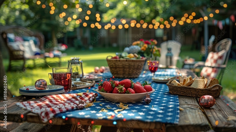 Fototapeta premium Fourth of July backyard cookout product shot, featuring a close up of an picnic table set with festive decoration in garden memorial day concept