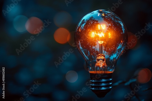 Close-up of a glowing light bulb against a dark bokeh background, representing ideas, innovation, and energy.