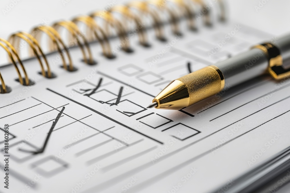 Close-up of a pen on an open notebook with completed checkboxes, depicting planning, organization, and productivity. Close-up of a pen on an open notebook with completed checkboxes, depicting planning, organization, and productivity.