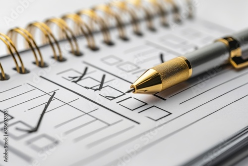 Close-up of a pen on an open notebook with completed checkboxes, depicting planning, organization, and productivity.