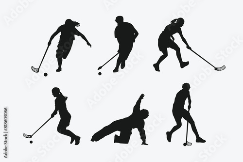 Set silhouettes of Floorball player. Isolated on white background. Vector illustration.