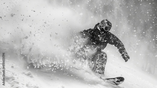 Snowboarder struggling in waist-deep powder snow, showing the raw energy and excitement of off-piste snowboarding