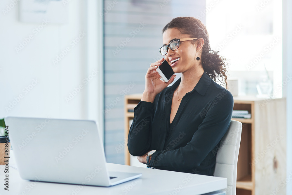 Businesswoman, phone call and networking conversation in office or journalist research, news or communication. Female person, cellphone and laptop for project planning talk, negotiation or decision Businesswoman, phone call and networking conversation in office or journalist research, news or communication. Female person, cellphone and laptop for project planning talk, negotiation or decision