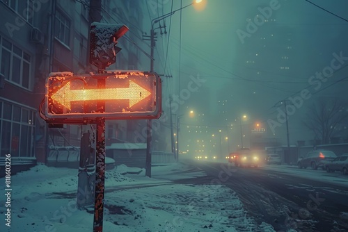 A lone traffic signal hangs above an empty snow-covered street. The only light comes from the signal and the headlights of a few cars in the distance. photo