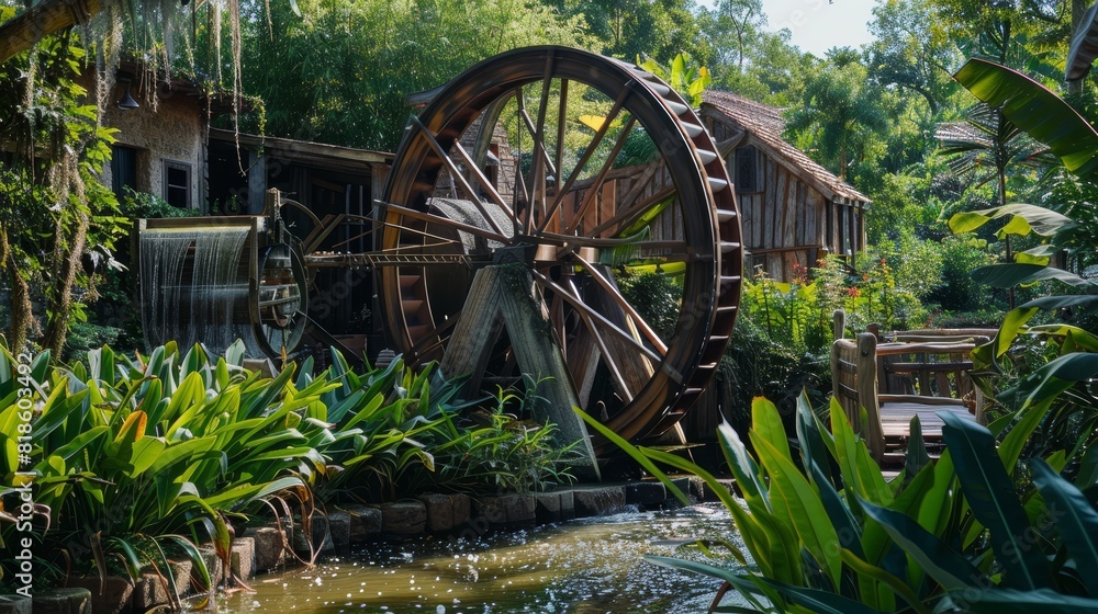 Scenic salt mill with a functioning water wheel, cane being ground, historical machinery, rural setting with vibrant greenery Scenic salt mill with a functioning water wheel, cane being ground, historical machinery, rural setting with vibrant greenery
