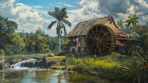 Scenic salt mill with a functioning water wheel, cane being ground, historical machinery, rural setting with vibrant greenery photo
