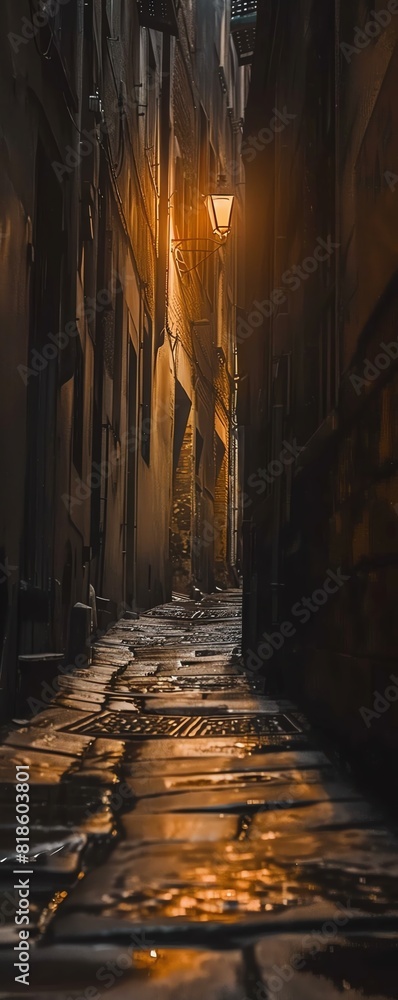 Capture a moody alleyway scene with a tilted angle view emphasizing dramatic light and shadow play