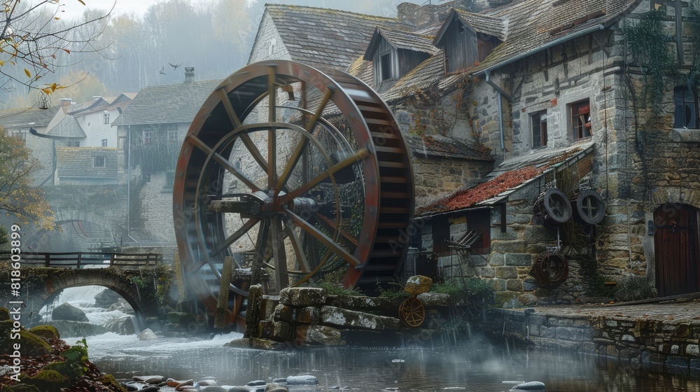 Rustic salt mill with a large water wheel, grinding cane, detailed ancient machinery, morning mist, historical village backdrop Rustic salt mill with a large water wheel, grinding cane, detailed ancient machinery, morning mist, historical village backdrop