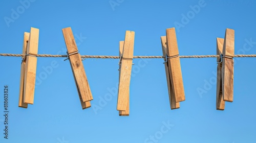 Rustic wooden clothes pegs on a worn clothesline, set against a clear blue sky, focus on texture and contrast, capturing the simplicity of rural life