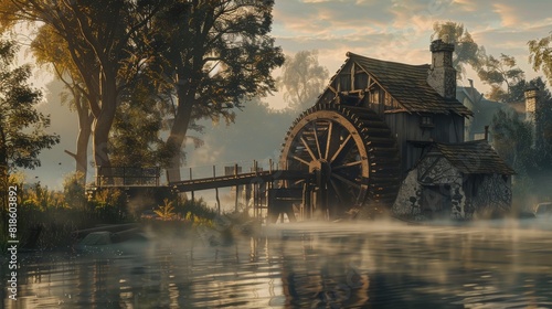 Rustic salt mill with a large water wheel, grinding cane, detailed ancient machinery, morning mist, historical village backdrop