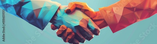 Low poly agreement handshake, shining bonds of digital collaboration and mutual success