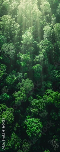 Illustrate a dense forest canopy at dusk from a birds-eye perspective