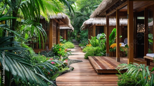 The spa garden with wooden paths, surrounded by exotic plants and flowers. photo