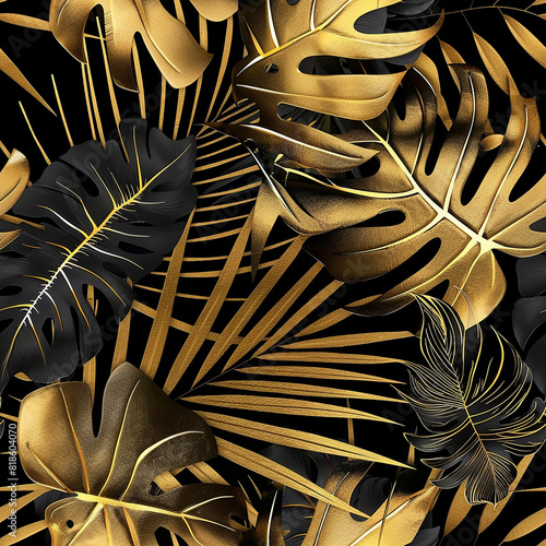 The image is a seamless pattern of black and gold tropical leaves.

