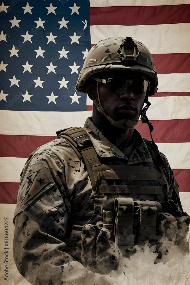 A silhouette of a soldier with background of USA flag A silhouette of a soldier with background of USA flag