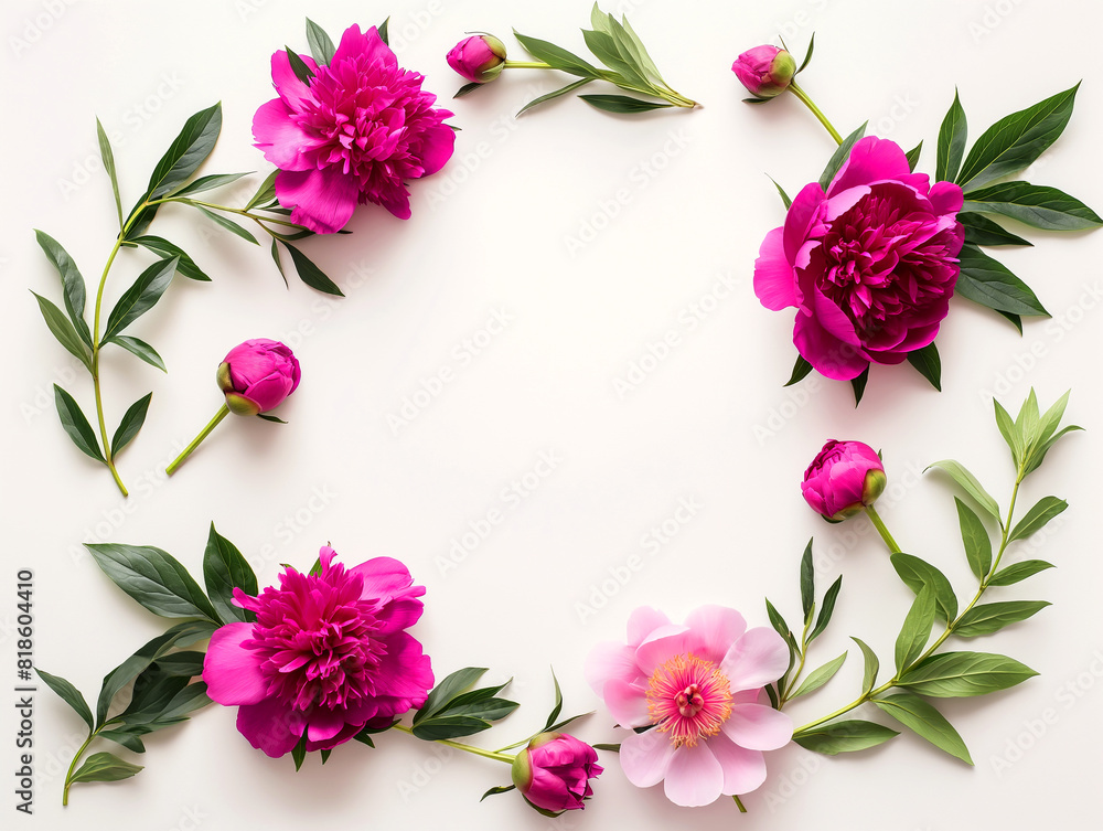 Magenta flowers frame on a white background