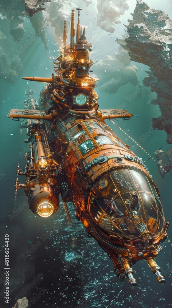 A steampunk submarine explores the depths of the ocean. The submarine is made of brass and copper and has a large propeller. The submarine is surrounded by rocks and coral.