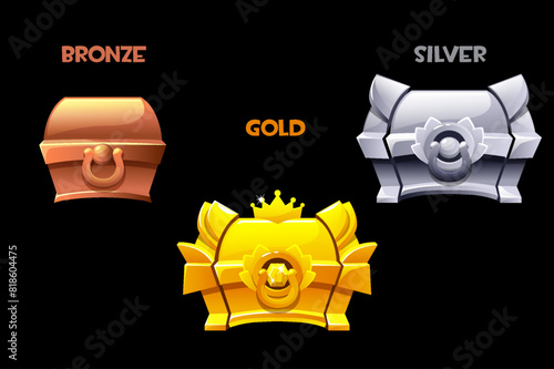 The mystery golden, silver and bronze chests. Level UP icons for UI 2D game (ID: 818604475)