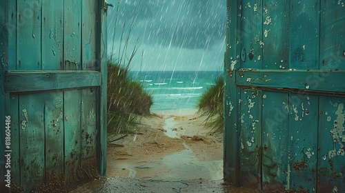 Rainy day at a turquoise beach, open door framing a sandy path, soft rain falling, calm and peaceful atmosphere