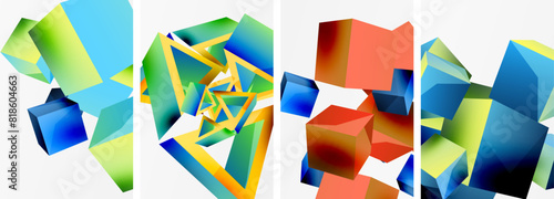 Flying 3d shapes, cubes and other geometric elements background design for wallpaper, business card, cover, poster, banner, brochure, header, website