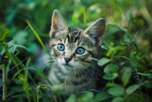 緑の葉の中から覗く子猫の好奇心あふれる瞳 photo