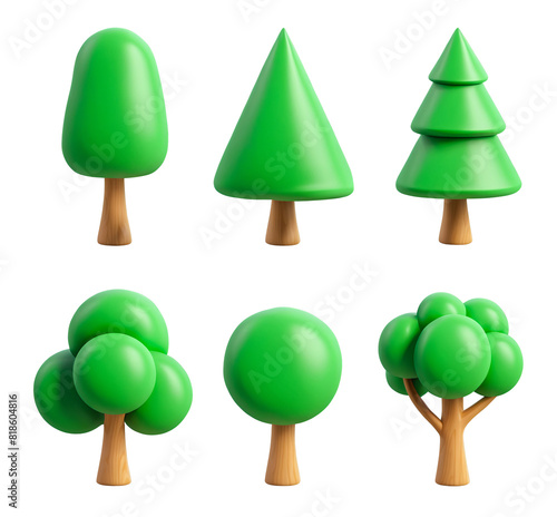 basic shape green trees 3D icon set. simple cartoon style icons