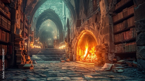 Ancient gothic-style library interior featuring ornate fireplace and vintage furnishings