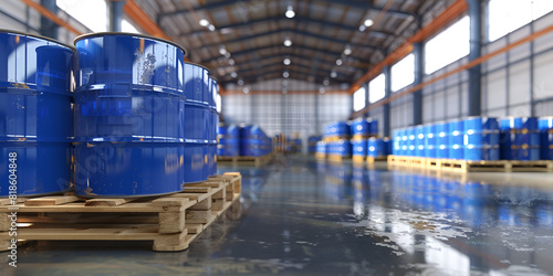 Barrels of Chemicals on Pallets in Warehouse, Ready for Industrial Delivery, Blue drum pallets with liquid chemicals in warehouse ready for delivery to customer Chemical production for industrial use.