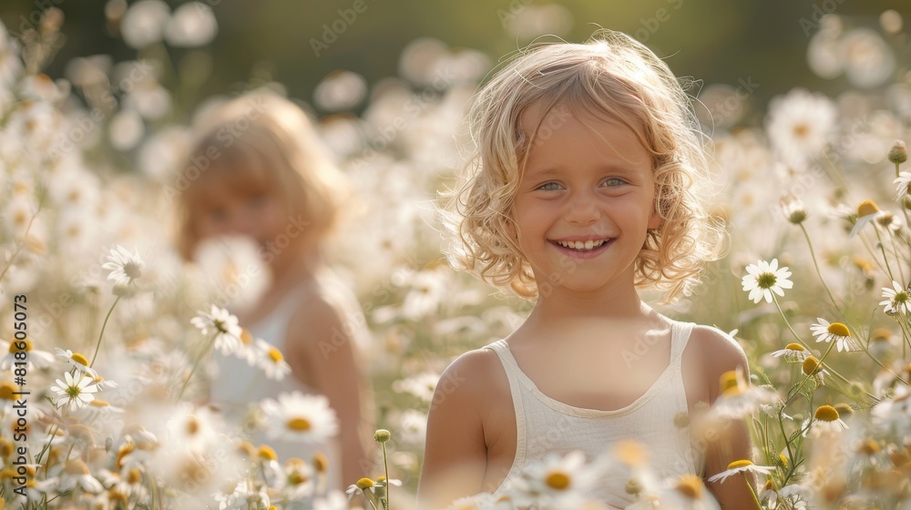 Two young girls are smiling in a field of flowers Two young girls are smiling in a field of flowers