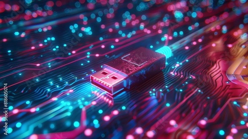 A circuit board with a USB flash drive plugged into it. The flash drive is blue and the circuit board is pink and blue. photo