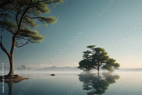 A quiet and surreal lake with reflections of trees