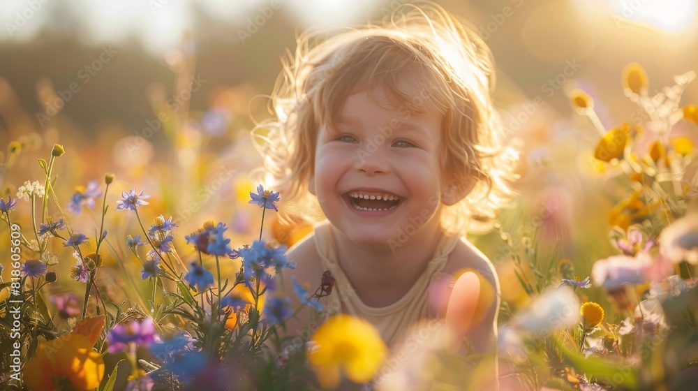 A young child is smiling and laughing in a field of flowers A young child is smiling and laughing in a field of flowers