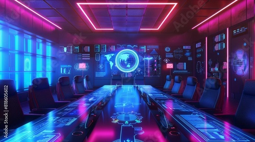 A futuristic boardroom with a large holographic table and chairs. The room is lit by pink and blue neon lights.