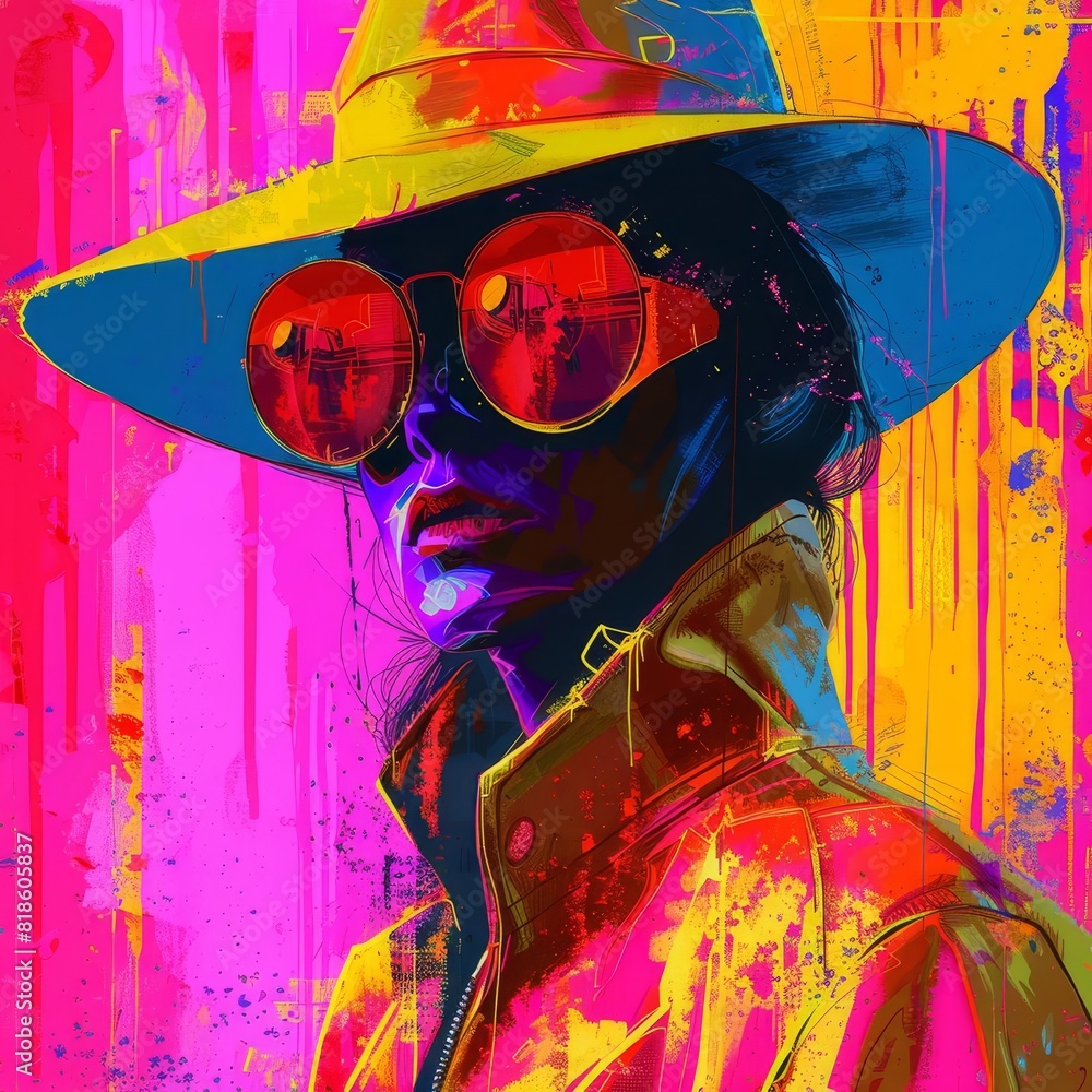 Create a modern, abstract portrait of a woman wearing a hat and sunglasses. Use bright, bold colors and a graffiti-like style.