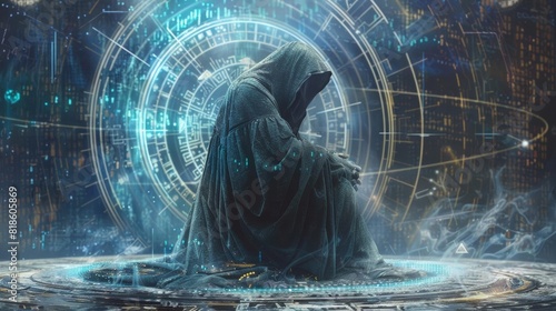 An ancient sorcerer sits in a circle of arcane symbols, his hands glowing with power as he casts a spell. The air around him is filled with a crackling energy. photo