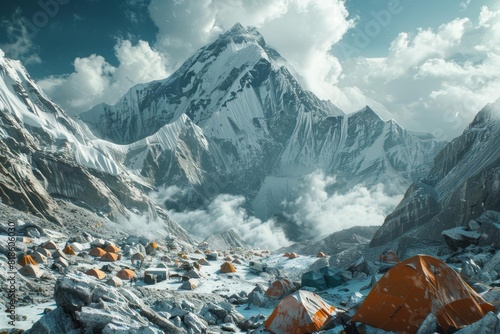 A group of mountaineers have set up camp at the base of a snow-capped mountain