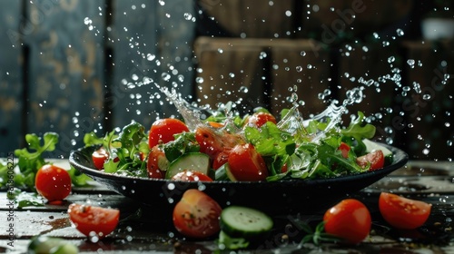 A bowl of salad with a lot of water splashing out of it