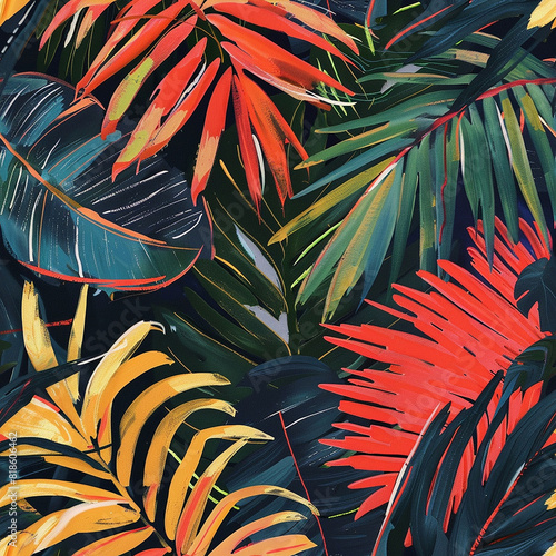 This is a digital painting of tropical leaves. The leaves are mostly dark green, with some yellow and red leaves. The leaves are overlapping each other.