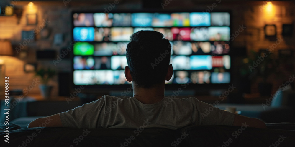 Back of school teenage boy choosing watching tv screen select channel what to watch when staying at home. Addiction to technology gadgets and media concept. Sedentary entertainment addicted lifestyle