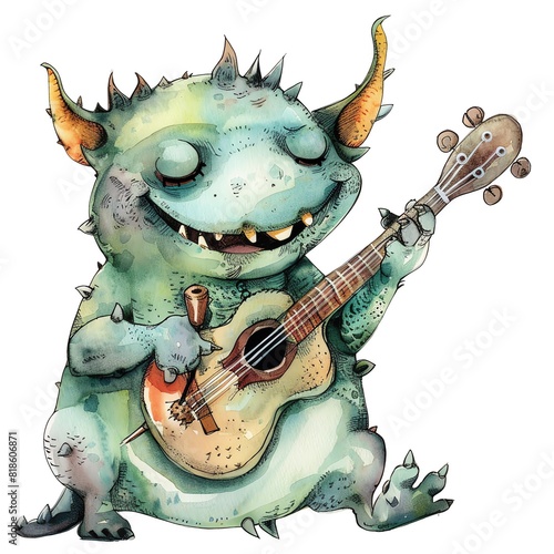 A green fuzzy monster strums on his guitar and sings a happy tune. © Sukifli.D